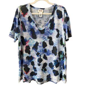 BiBi Blue Abstract Leopard Print V-Neck Knit Top – Size L